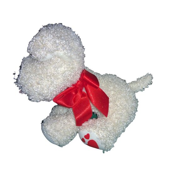 Hallmark White Fuzzy Puppy Dog Plush Stuffed Animal Red Bow Hearts - Picture 2 of 8